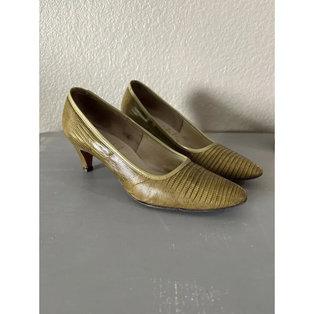 Vintage Valentines Genuine Lizard Skin Pumps Green Gold Heels Sz 7 Org Receipt